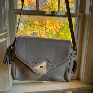 Genuine Leather Tassel Crossbody Bag | Taupe Gray Minimalist Satchel